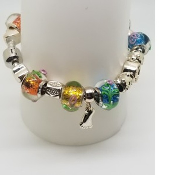 Peace Charm Murano Glass Bracelet Glass and Silver Tone Beads Snake Chain sz 7.5 - Picture 2 of 6